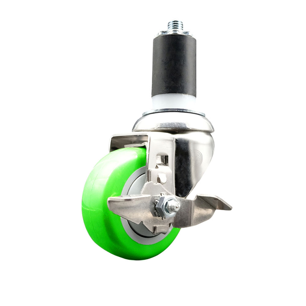 Polyurethane Swivel Stem Caster with 3.5 in. Green Caster Wheels & Top Lock Brake, 1.63 in. Expanding Stem - 316 Stainless Steel Caster