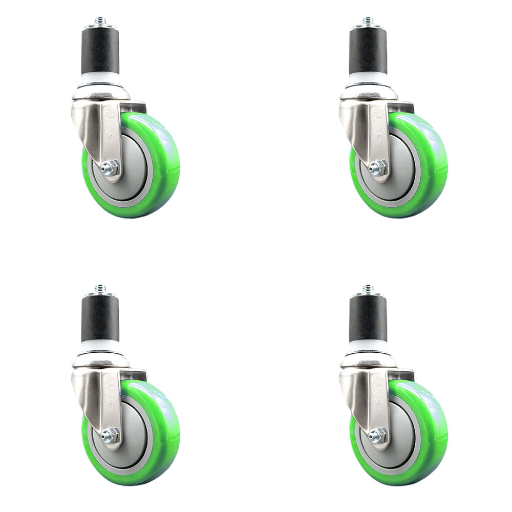 Polyurethane Swivel Stem Caster with 4 in. Green Caster Wheels, 1.87 in. Expanding Stems - 316 Stainless Steel Casters - Set of 4