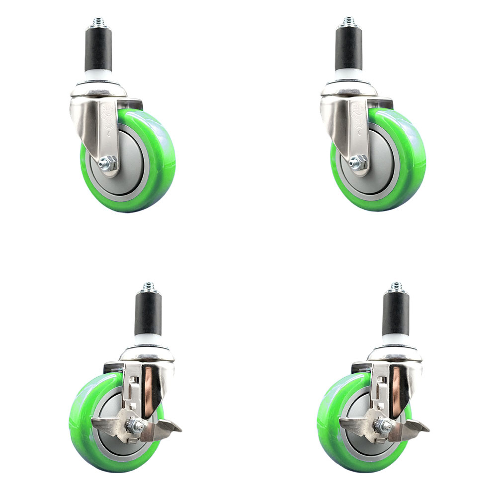 Polyurethane Swivel Stem Caster with 4 in. Green Caster Wheels, 1.38 in. Expanding Stems - 316 Stainless Steel Casters - Set of 4