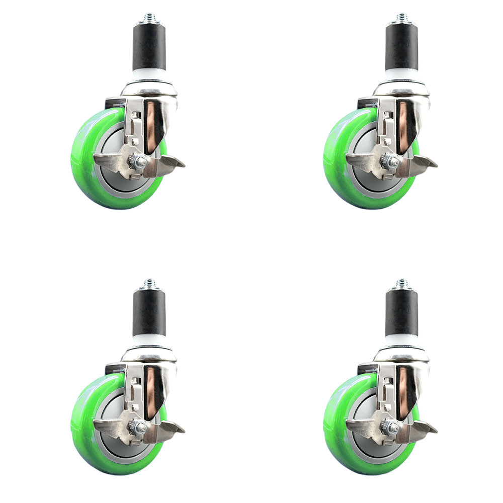 Polyurethane Swivel Stem Caster with 4 in. Green Caster Wheels, 1.63 in. Expanding Stems - 316 Stainless Steel Casters - Set of 4