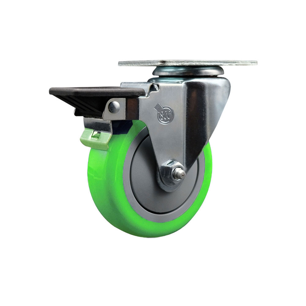 SCC-20S414-PPUB-GRN-PLB Polyurethane Swivel Top Plate Swivel Caster with 4 in. Green Wheel & Posi Locking Brake