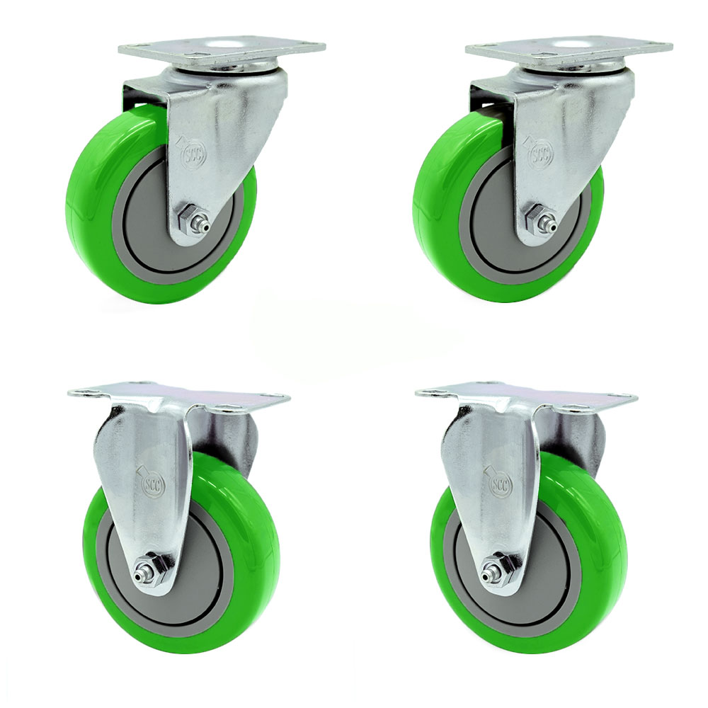 SCC-20S414-PPUB-GRN-TP2-2-R-2 Swivel Caster with 2 Rigid Casters 4 in. Green Polyurethane Wheel 3.13 x 4.13 in. Overall Top Plate - Set of 4