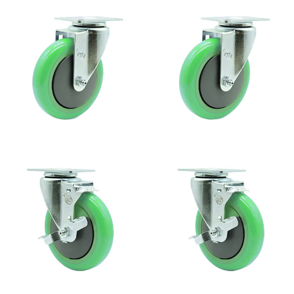 SCC-20S514-PPUB-GRN-TP3-2-TLB-2 Swivel Caster with 2 Brakes 5 in. Green Polyurethane Wheel 4 x 4.5 in. Overall Top Plate - Set of 4