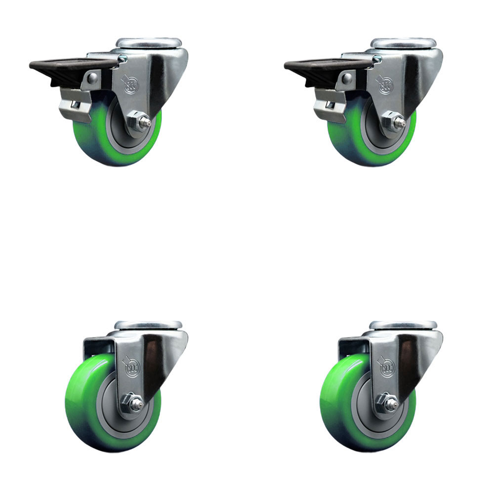 SCC-BH20S314-PPUB-GRN-PLB-2-S-2 Polyurethane Swivel Bolt Hole Caster with 3 x 1.25 in. Green Wheels - Set of 4