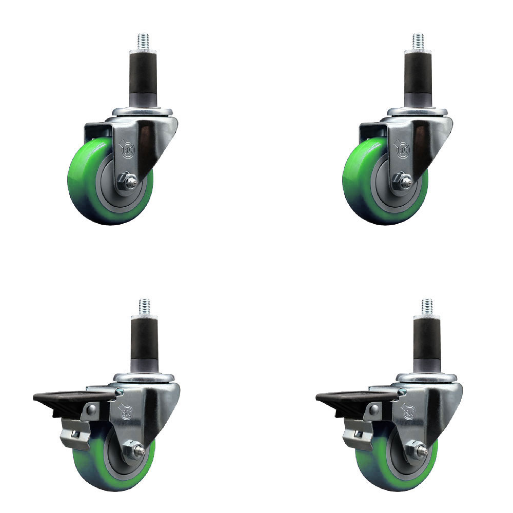 SCC-EX20S314-PPUB-GRN-2-PLB-2-114 Polyurethane Swivel Expanding Stem Caster with 3 in. Green Wheels & 1.25 in. Stems - Set of 4