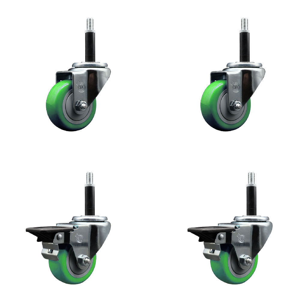 SCC-EX20S314-PPUB-GRN-2-PLB-2-34 Polyurethane Swivel Expanding Stem Caster with 3 in. Green Wheels & 0.75 in. Stems - Set of 4