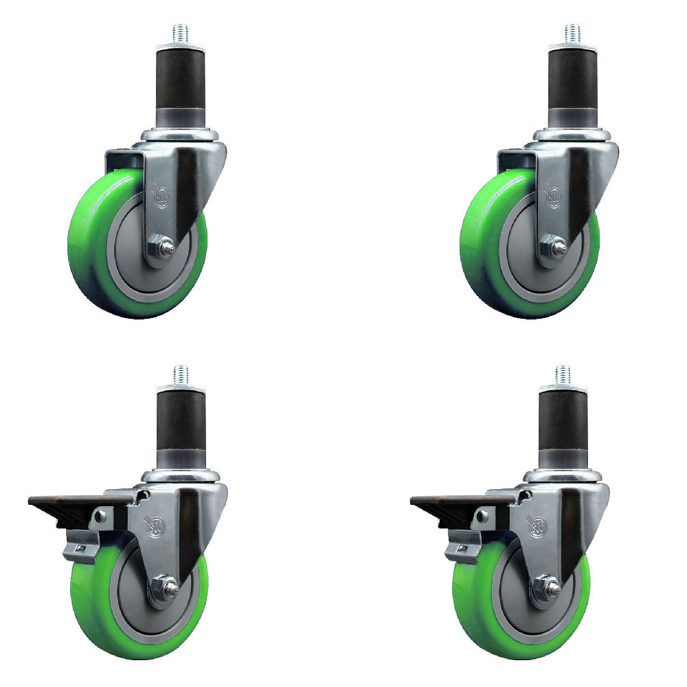 SCC-EX20S414-PPUB-GRN-2-PLB-2-158 Polyurethane Swivel Expanding Stem Caster with 4 in. Green Wheels & 1.63 in. Stems - Set of 4