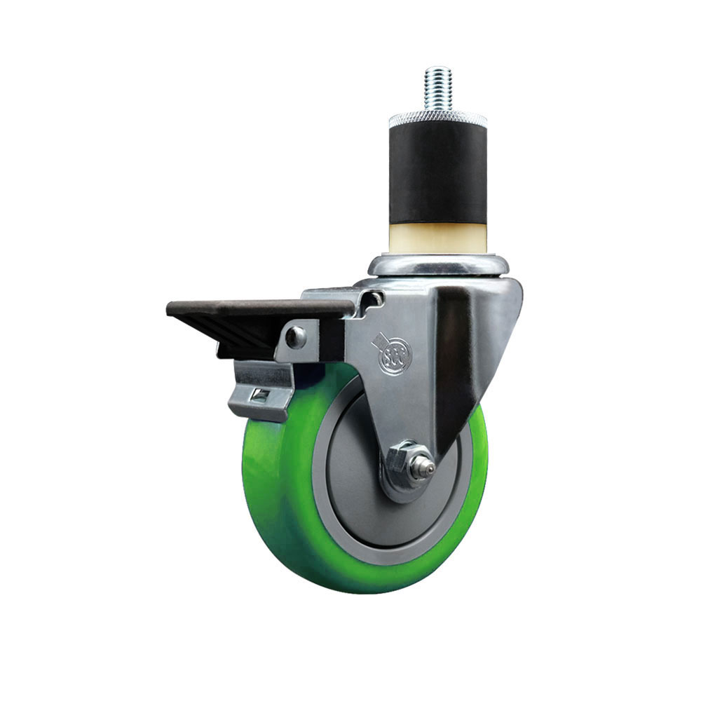 SCC-EX20S414-PPUB-GRN-PLB-178 Polyurethane Expanding Stem Swivel Caster with 4 in. Green Wheel & 1.87 in. Stem & Posi Locking Brake