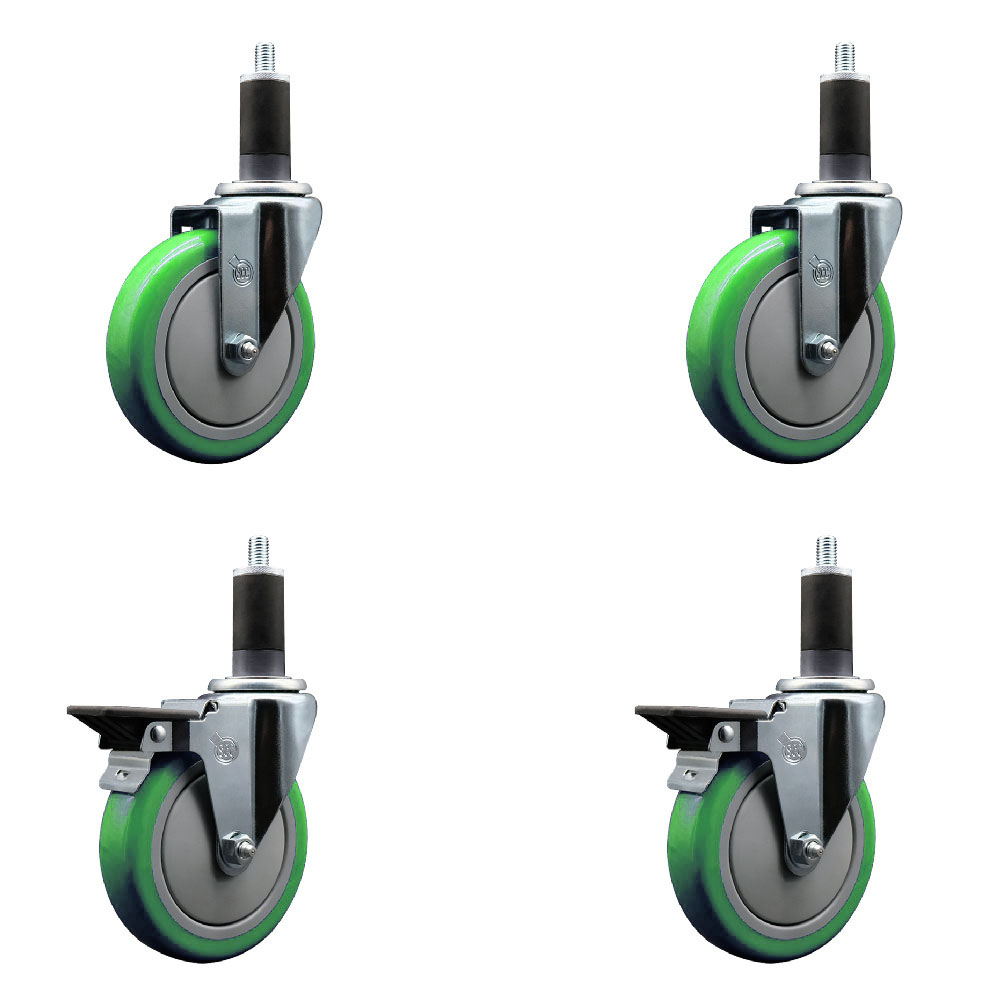 SCC-EX20S514-PPUB-GRN-2-PLB-2-114 Polyurethane Swivel Expanding Stem Caster with 5 in. Green Wheels & 1.25 in. Stems - Set of 4