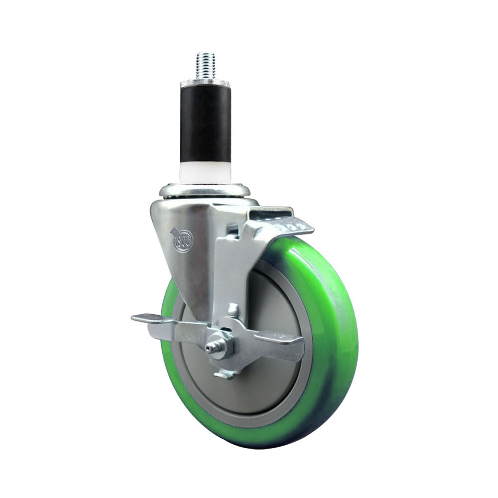 SCC-EX20S514-PPUB-GRN-TLB-138 Polyurethane Expanding Stem Swivel Caster with 5 in. Green Wheel & 1.38 in. Stem & Top Locking Brake