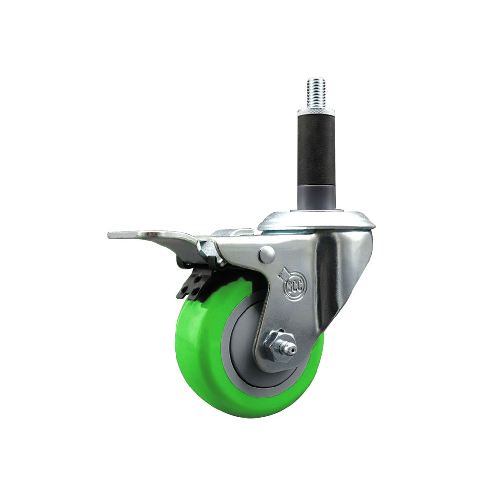SCC-SSEXTTL20S314-PPUB-GRN-1 Stainless Steel Polyurethane Expanding Stem Swivel Caster with 3 in. Green Wheel & 1 in. Stem & Total Locking Brake