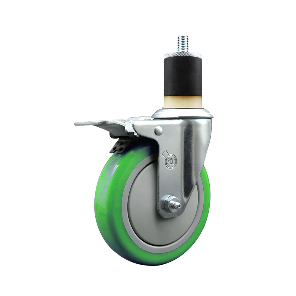 SCC-SSEXTTL20S514-PPUB-GRN-178 Stainless Steel Polyurethane Expanding Stem Swivel Caster with 5 in. Green Wheel & 1.87 in. Stem & Total Locking Brake