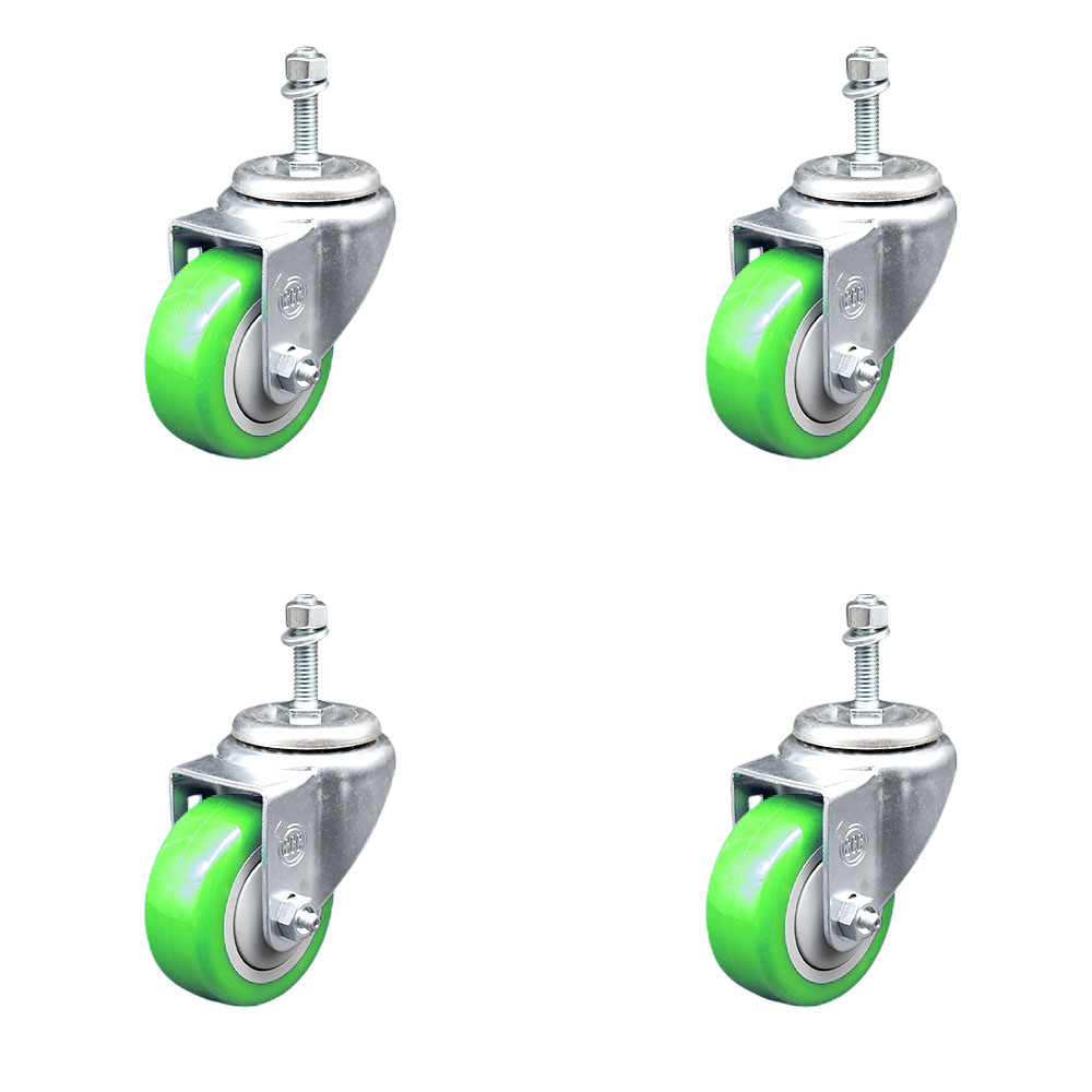 SCC-SSTS20S3514-PPUB-GRN-M1015-4 Stainless Steel Polyurethane Swivel Threaded Stem Caster with 3.5 x 1.25 in. Green Wheels & 10 mm Stems - Set of 4