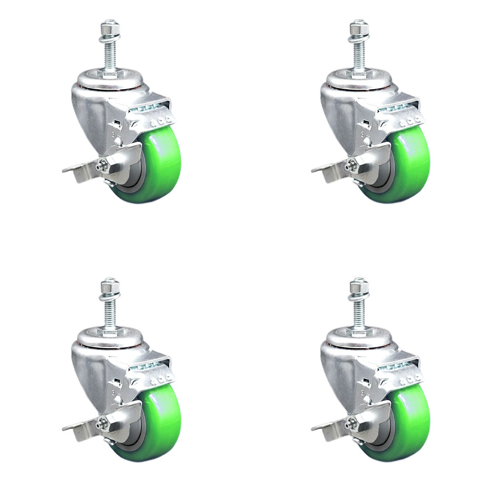 Stainless Steel Polyurethane Swivel Threaded Stem Caster with 3.5 x 1.25 in. Green Wheels & 0.38 in. Stems - Set of 4