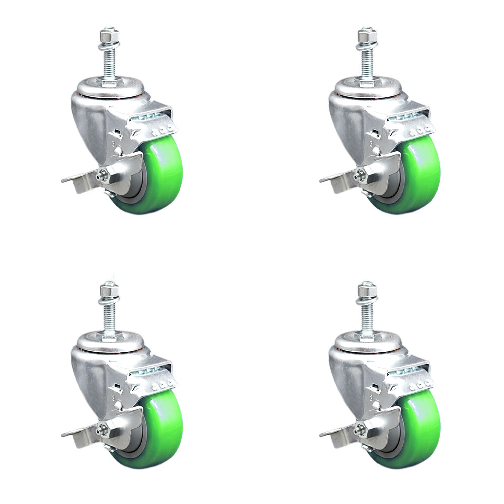 Stainless Steel Polyurethane Swivel Threaded Stem Caster with 3.5 x 1.25 in. Green Wheels & 10 mm Stems - Set of 4