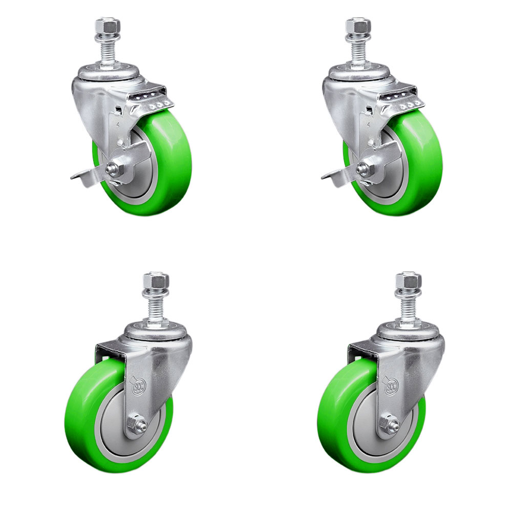 Stainless Steel Polyurethane Swivel Threaded Stem Caster with 4 x 1.25 in. Green Wheels & 0.5 in. Stems - Set of 4