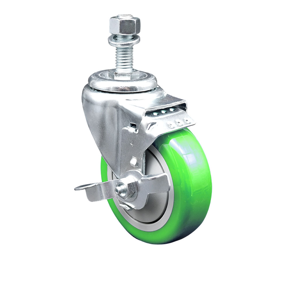 Stainless Steel Polyurethane Swivel Threaded Stem Caster with 4 x 1.25 in. Green Wheel & 12 mm Stem & Top Locking Brake
