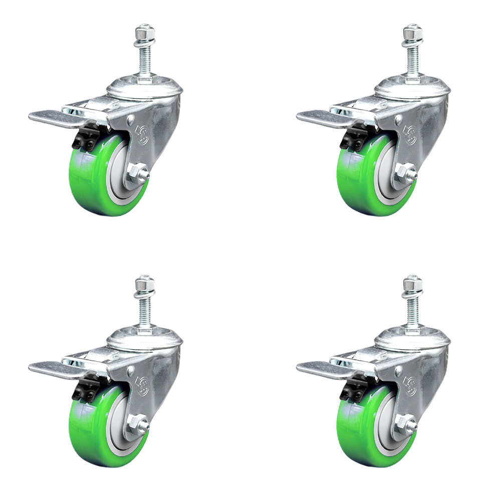 SCC-SSTSTTL20S314-PPUB-GRN-M1015-4 Stainless Steel Polyurethane Swivel Threaded Stem Caster with 3 x 1.25 in. Green Wheels & 10 mm Stems - Set of 4