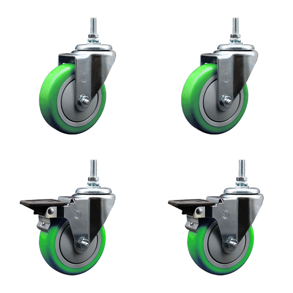 SCC-TS20S414-PPUB-GRN-381615-2-PLB-2 Polyurethane Swivel Threaded Stem Caster with 4 x 1.25 in. Green Wheels & 0.38 in. Stems - Set of 4