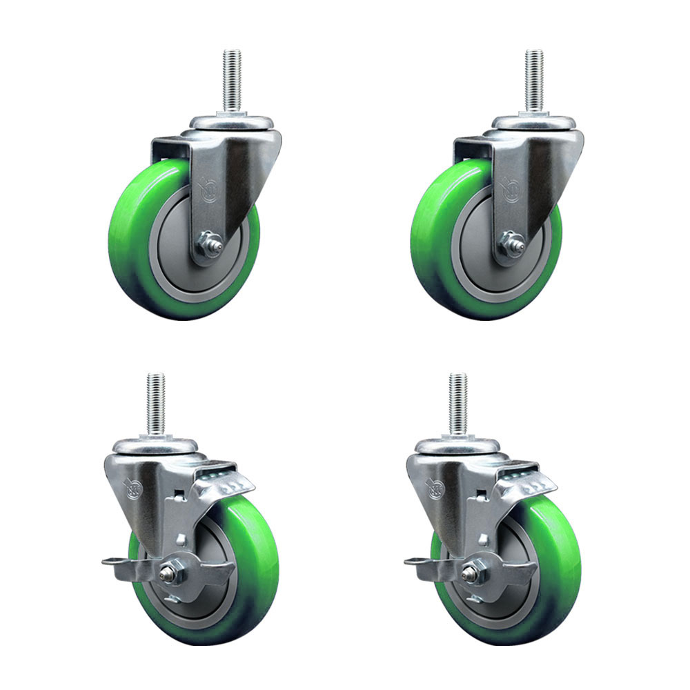 SCC-TS20S414-PPUB-GRN-58212-2-TLB-2 Polyurethane Swivel Threaded Stem Caster with 4 x 1.25 in. Green Wheels & 0.63 in. Stems - Set of 4