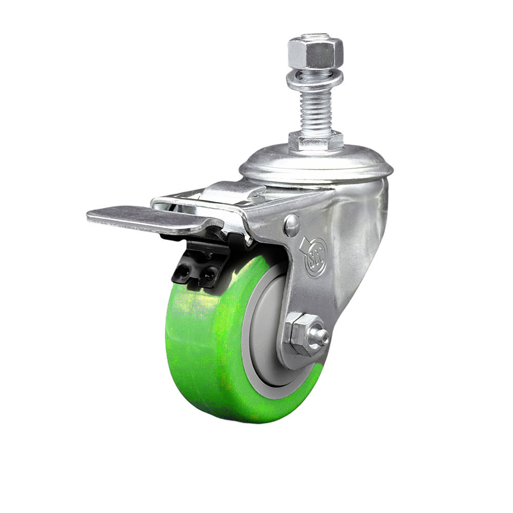 SCC-TSTTL20S314-PPUB-GRN-M1215 Polyurethane Swivel Threaded Stem Caster with 3 x 1.25 in. Green Wheel & 12 mm Stem & Total Locking Brake