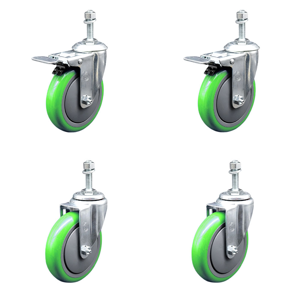 SCC-TSTTL20S514-PPUB-GRN-381615-2-S-2 Polyurethane Swivel Threaded Stem Caster with 5 x 1.25 in. Green Wheels & 0.38 in. Stems - Set of 4
