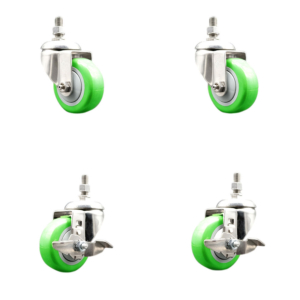 Poly Swivel Stem Caster with 3.5 in. Green Caster Wheels, 0.38 in. Threaded Stems - 316 Stainless Steel Casters - Set of 4