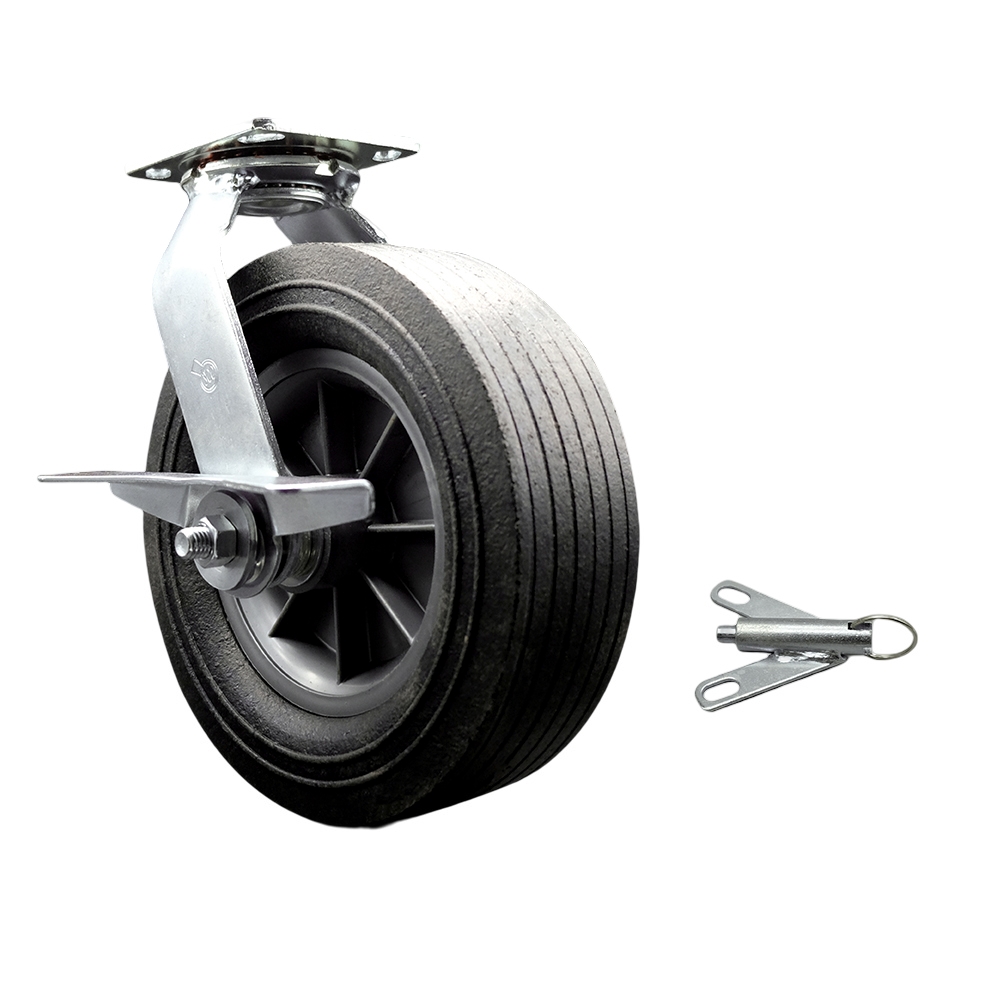 SCC-100S1030-SNB-SLB-BSL 10 in. Swivel Semi Pneumatic Caster Black Solid Rubber Wheel & Side Lock Brake & Bolt on Swivel Lock Heavy Duty Caster