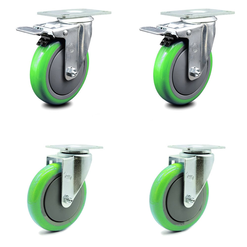 SCC-TTL20S514-PPUB-GRN-2-S-2 Polyurethane Swivel Top Plate Caster with 5 in. Green Wheels - Set of 4
