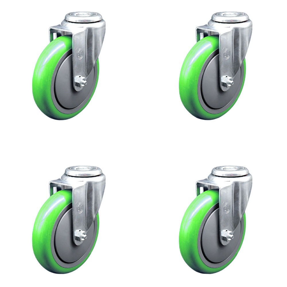 SCC-SSBH20S514-PPUB-GRN-4 Stainless Steel Polyurethane Swivel Bolt Hole Caster with 5 x 1.25 in. Green Wheels - Set of 4
