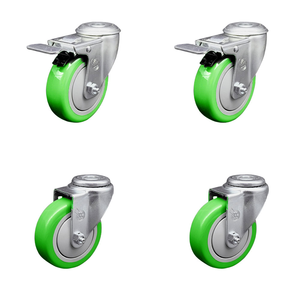 SCC-SSBHTTL20S414-PPUB-GRN-2-S-2 Stainless Steel Polyurethane Swivel Bolt Hole Caster with 4 x 1.25 in. Green Wheels - Set of 4