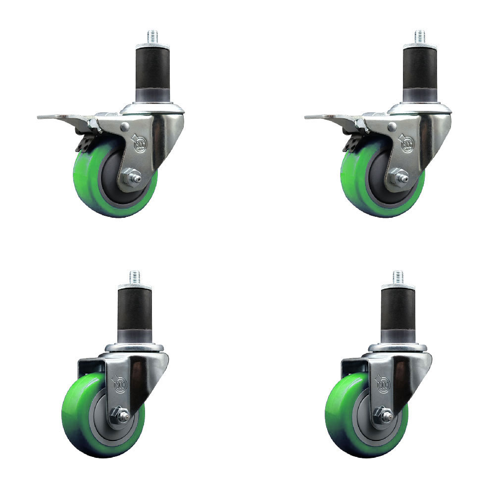 SCC-SSEXTTL20S314-PPUB-GRN-2-S-2-158 Stainless Steel Polyurethane Swivel Expanding Stem Caster with 3 in. Green Wheels & 1.63 in. Stems - Set of 4