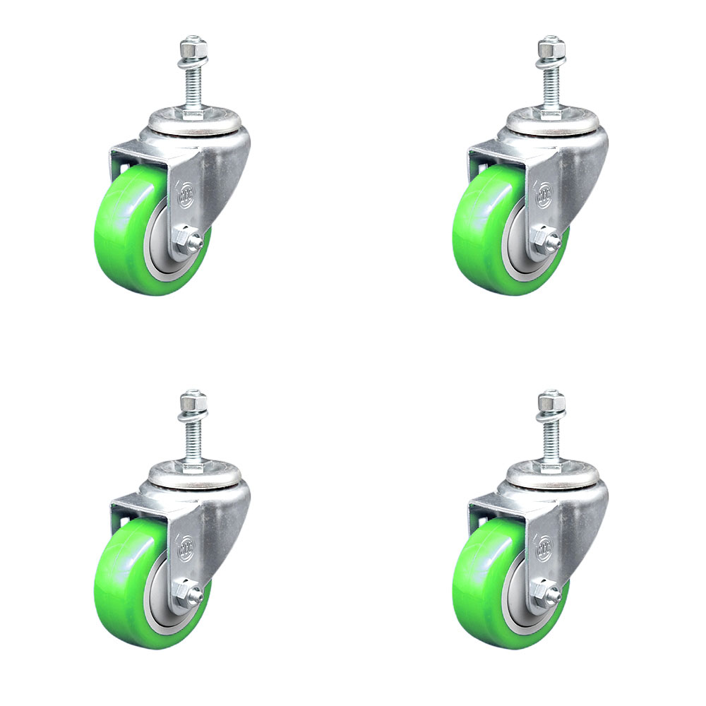 Stainless Steel Polyurethane Swivel Threaded Stem Caster with 3.5 x 1.25 in. Green Wheels & 0.38 in. Stems - Set of 4