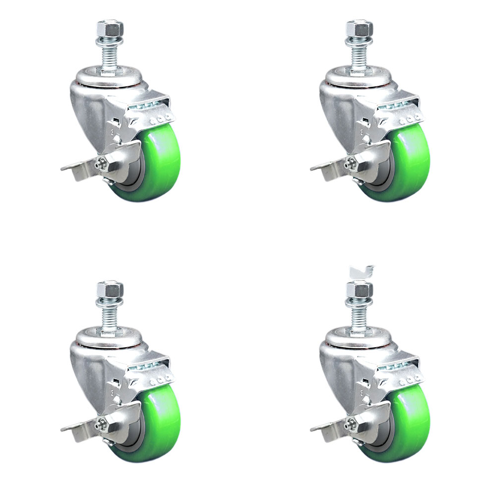 Stainless Steel Polyurethane Swivel Threaded Stem Caster with 3.5 x 1.25 in. Green Wheels & 12 mm Stems - Set of 4