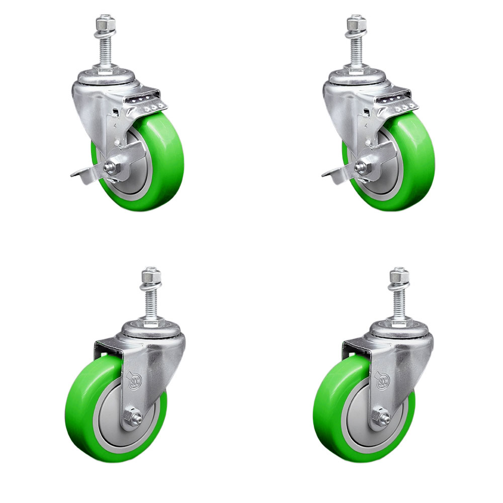 Stainless Steel Polyurethane Swivel Threaded Stem Caster with 4 x 1.25 in. Green Wheels & 0.38 in. Stems - Set of 4