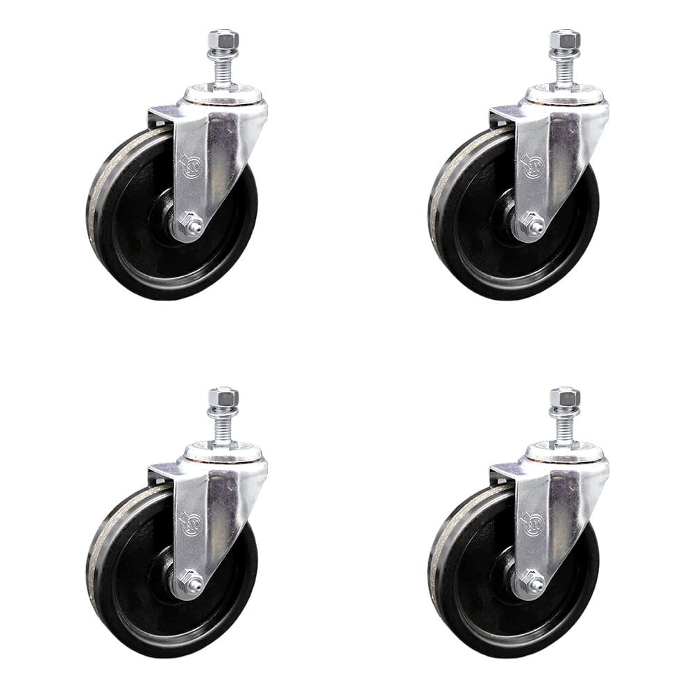 SCC-SSSSTS20S514-PHS-381615-4 Stainless Steel Phenolic Swivel Threaded Stem Caster with 5 x 1.25 in. Black Wheels & 0.38 in. Stems - Set of 4
