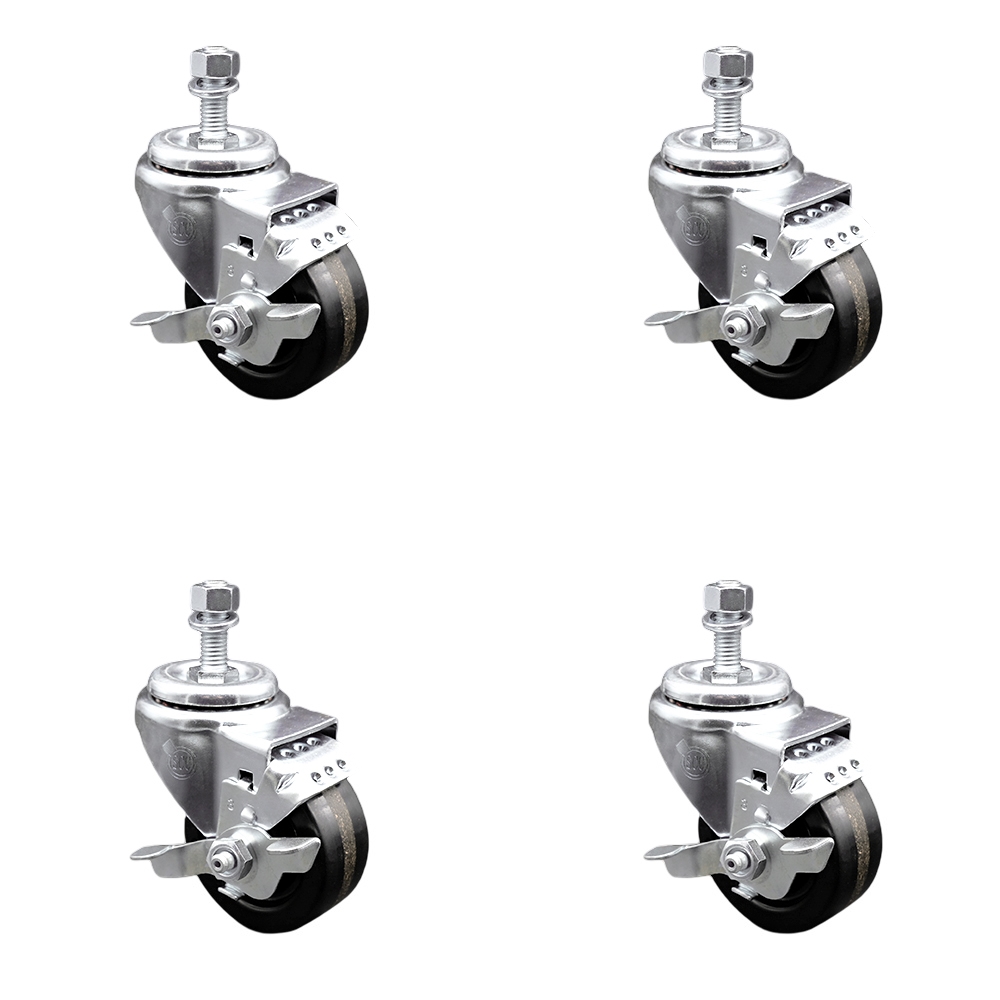 SCC-SSSSTS20S314-PHS-TLB-M1215-4 Stainless Steel Phenolic Swivel Threaded Stem Caster with 3 x 1.25 in. Black Wheels & 12 mm Stems - Set of 4