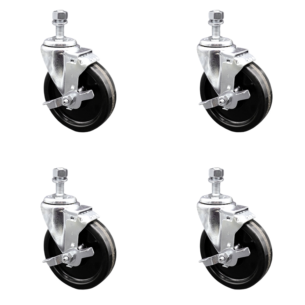 SCC-SSSSTS20S514-PHS-TLB-M1215-4 Stainless Steel Phenolic Swivel Threaded Stem Caster with 5 x 1.25 in. Black Wheels & 12 mm Stems - Set of 4