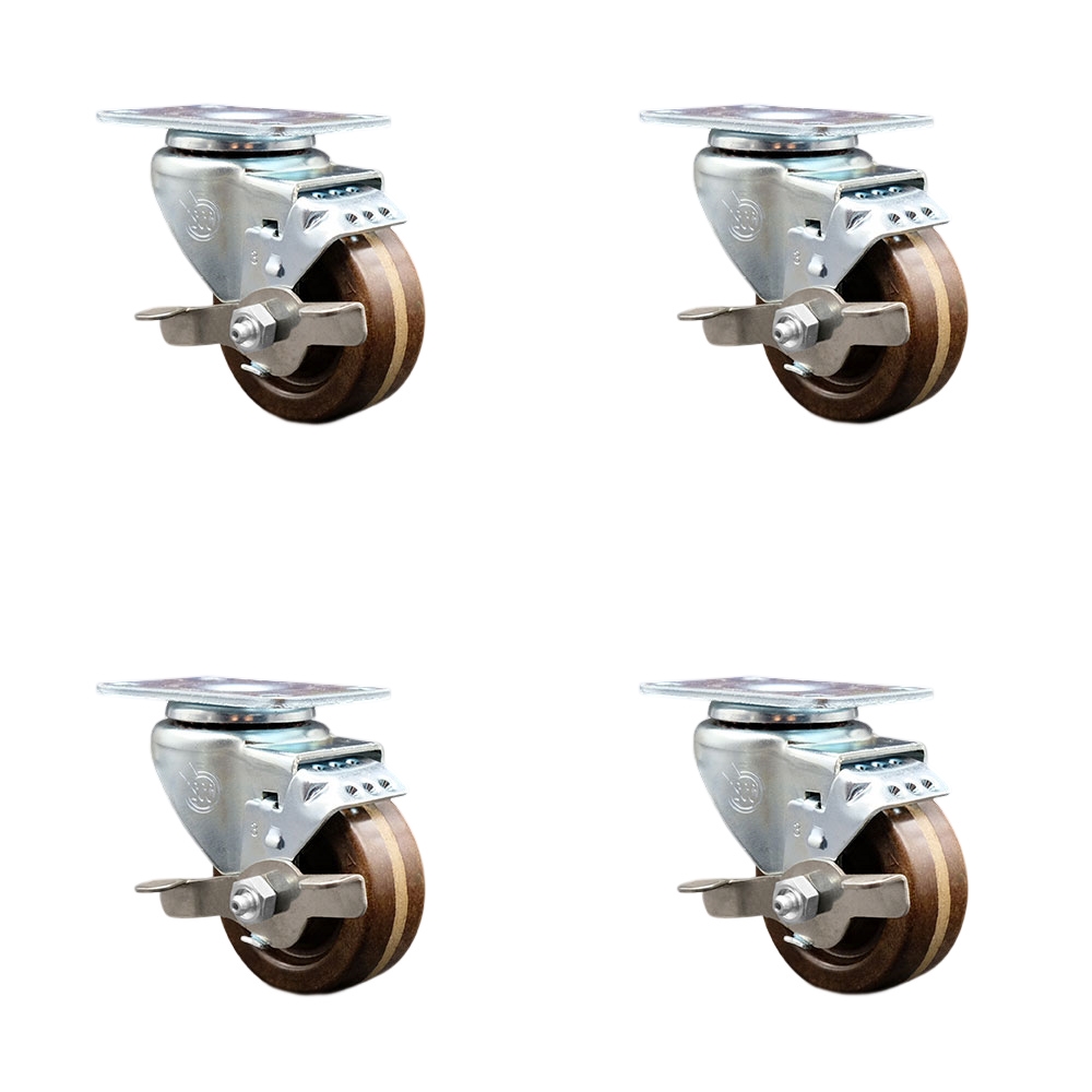 SCC-20S314-PHSHT-TLB-4 High Temperature Phenolic Swivel Top Plate Caster with 3 in. Brown Wheels - Set of 4