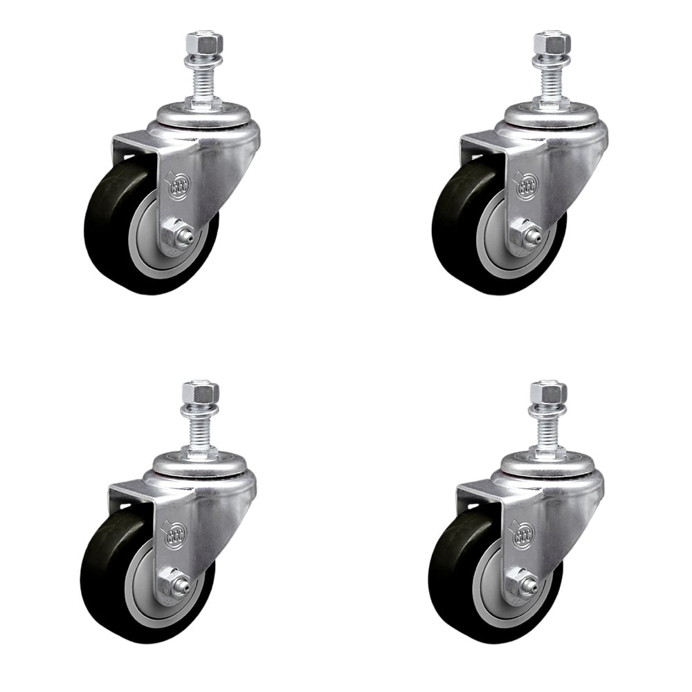 SCC-TS20S314-PPUB-BLK-121315-4 Polyurethane Swivel Threaded Stem Caster with 3 x 1.25 in. Black Wheels & 0.5 in. Stems - Set of 4