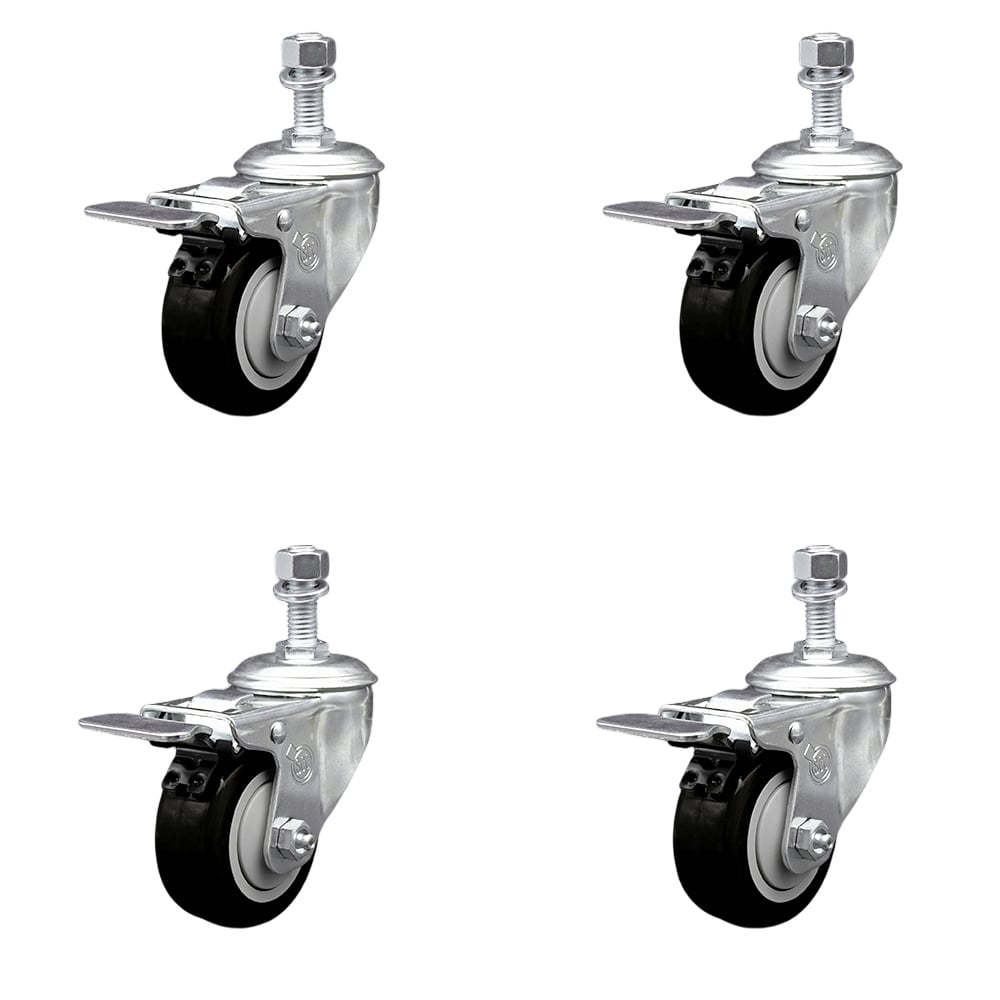 Stainless Steel Polyurethane Swivel Threaded Stem Caster with 3.5 x 1.25 in. Black Wheels & 0.5 in. Stems - Set of 4