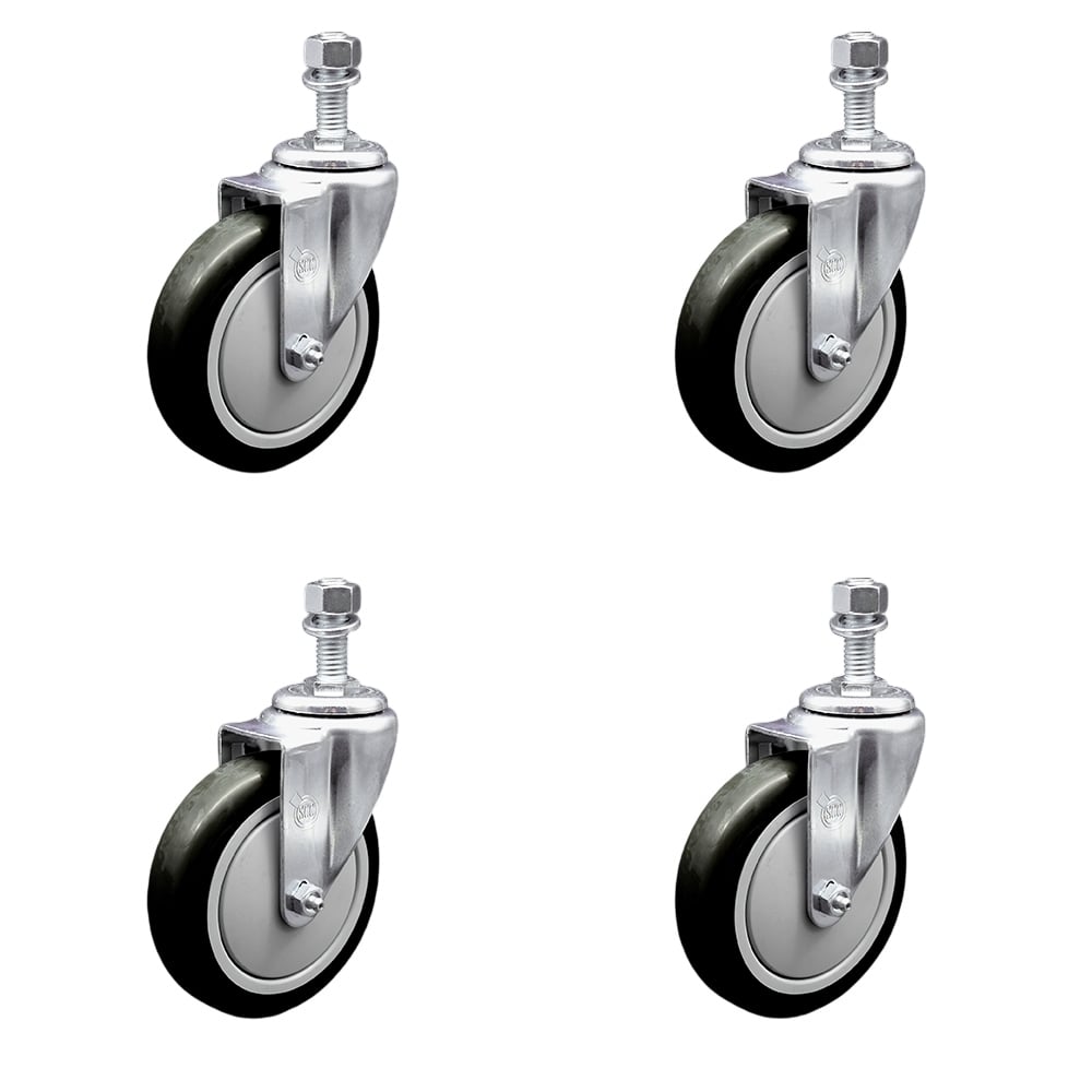SCC-SSTS20S514-PPUB-BLK-121315-4 Stainless Steel Polyurethane Swivel Threaded Stem Caster with 5 x 1.25 in. Black Wheels & 0.5 in. Stems - Set of 4