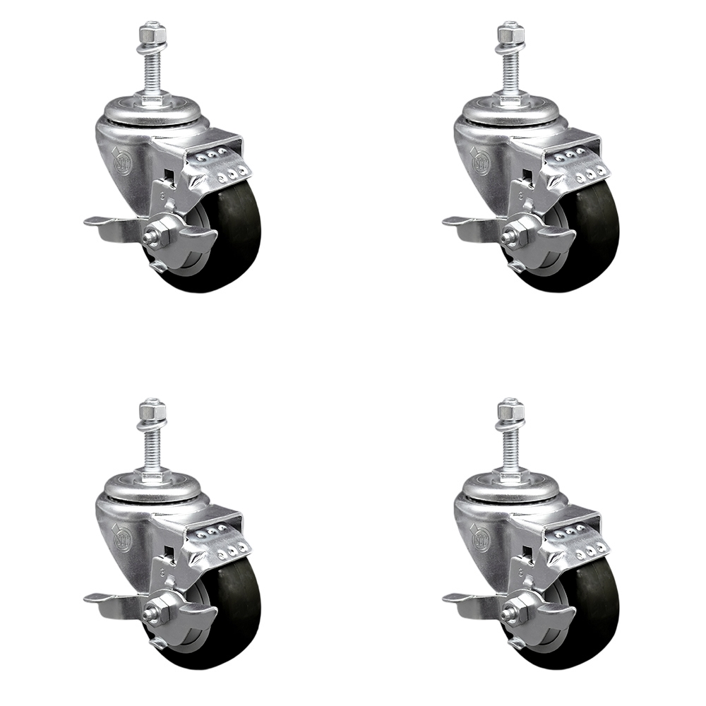 SCC-TS20S314-PPUB-BLK-TLB-381615-4 Polyurethane Swivel Threaded Stem Caster with 3 x 1.25 in. Black Wheels & 0.38 in. Stems - Set of 4