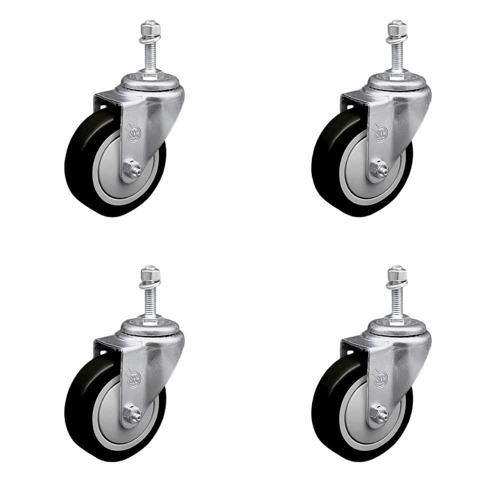 SCC-SSTS20S414-PPUB-BLK-381615-4 Stainless Steel Polyurethane Swivel Threaded Stem Caster with 4 x 1.25 in. Black Wheels & 0.38 in. Stems - Set of 4