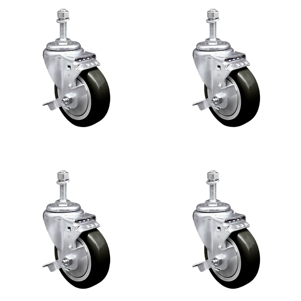SCC-TS20S414-PPUB-BLK-TLB-M1015-4 Polyurethane Swivel Threaded Stem Caster with 4 x 1.25 in. Black Wheels & 10 mm Stems - Set of 4