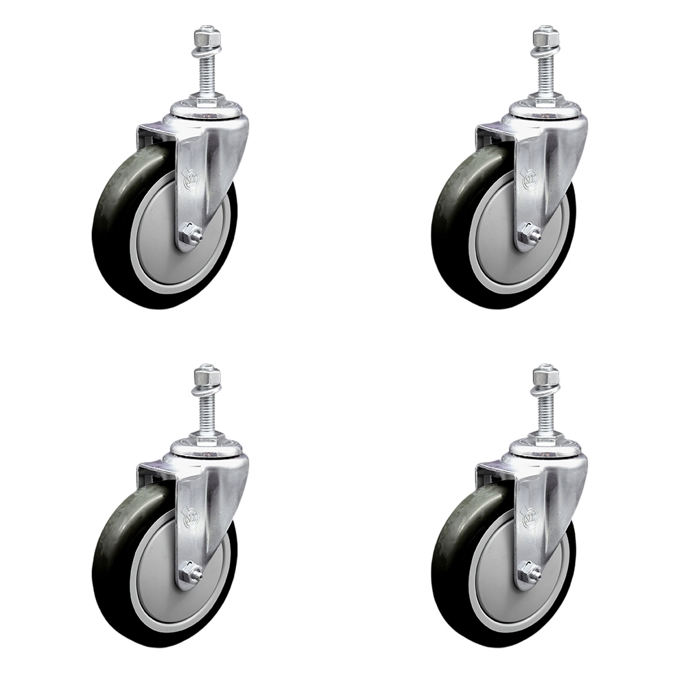 SCC-TS20S514-PPUB-BLK-M1015-4 Polyurethane Swivel Threaded Stem Caster with 5 x 1.25 in. Black Wheels & 10 mm Stems - Set of 4