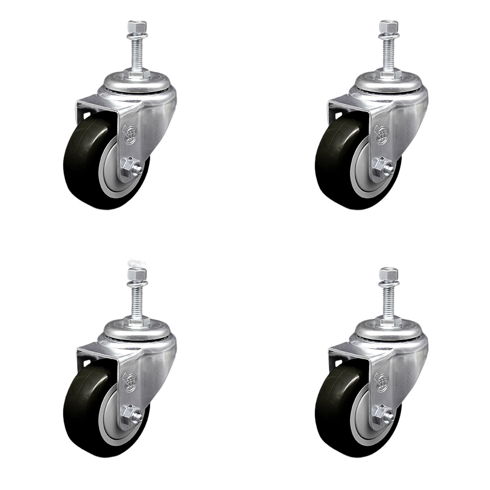 SCC-SSTS20S3514-PPUB-BLK-M1015-4 Stainless Steel Polyurethane Swivel Threaded Stem Caster with 3.5 x 1.25 in. Black Wheels & 10 mm Stems - Set of 4