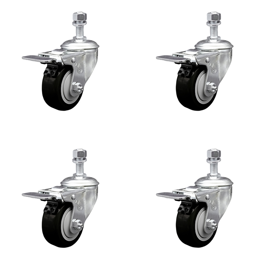 SCC-SSTSTTL20S314-PPUB-BLK-M1215-4 Stainless Steel Polyurethane Swivel Threaded Stem Caster with 3 x 1.25 in. Black Wheels & 12 mm Stems - Set of 4