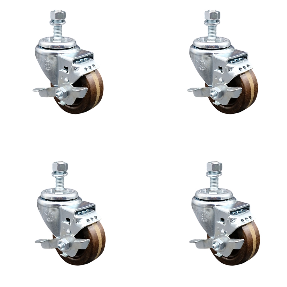 High Temperature Phenolic Swivel Threaded Stem Caster with Roller Bearing with 3 x 1.25 in. Brown Wheels & 10 mm Stems - Set of 4