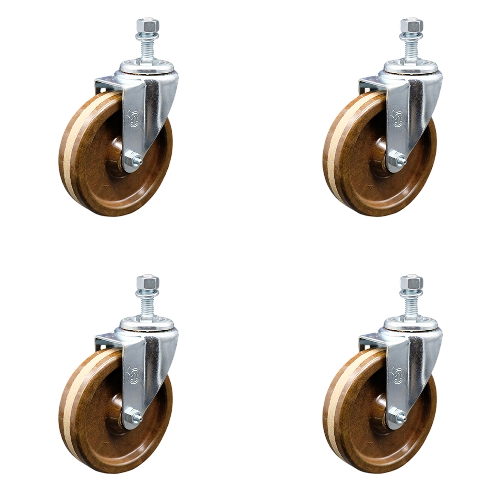 High Temperature Phenolic Swivel Threaded Stem Caster with Roller Bearing with 5 x 1.25 in. Brown Wheels & 10 mm Stems - Set of 4